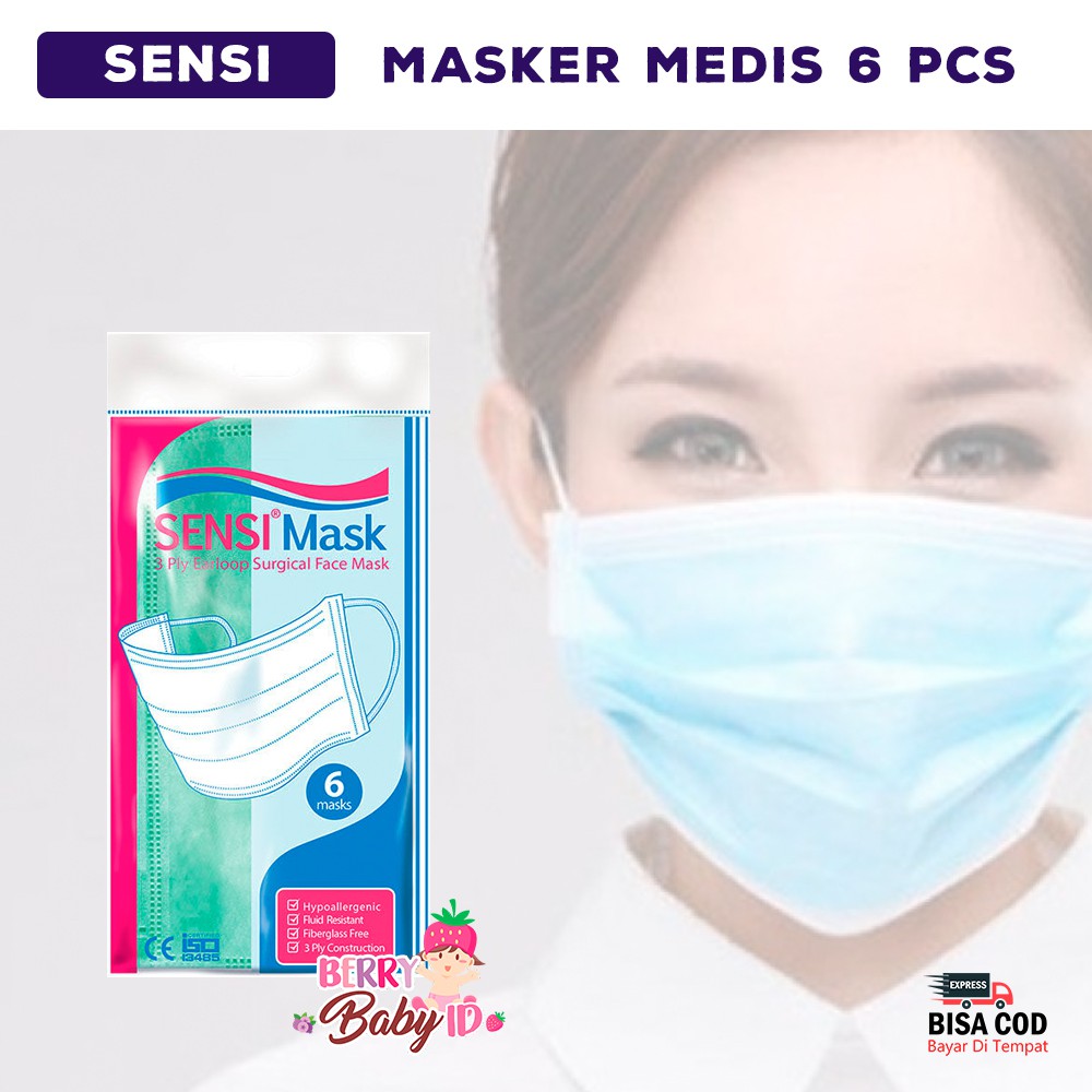 Sensi Surgical Face Mask Earloop 3 Ply Masker Medis isi 6 pcs Berry Mart