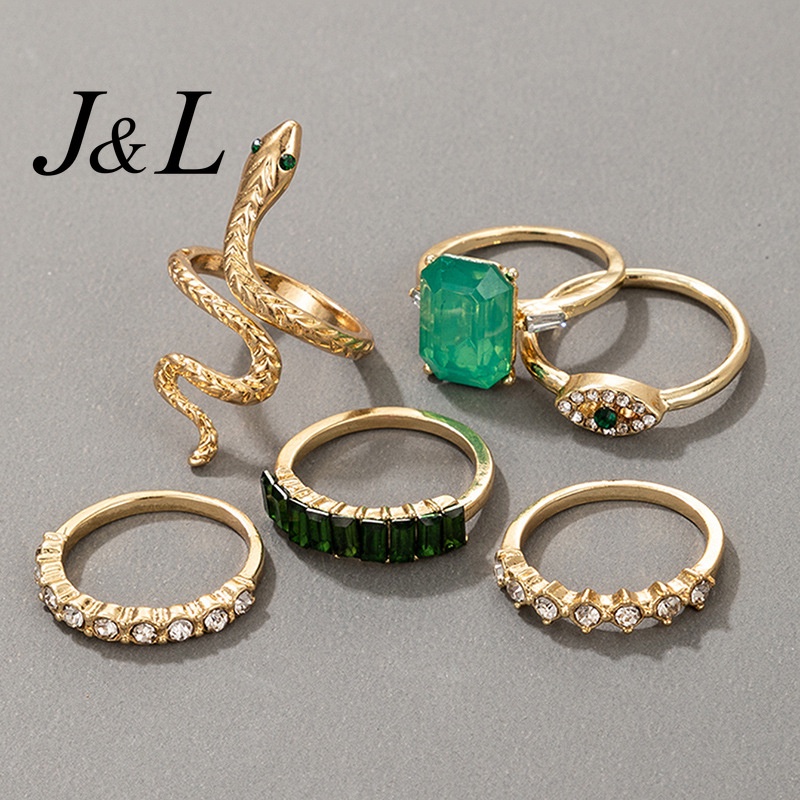 #New Arrival# 6pcs/set Fashion Ring Jewelry Personality Alloy Green Zircon Crystal Geometry Evil Eye Snake Ring Set for Women