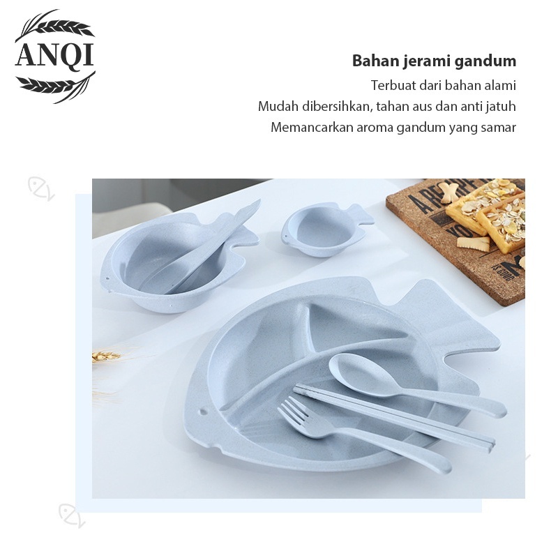 ANQI 1888 Piring 7 IN 1 Anak Piring Makan lucu Karakter Ikan Piring Makan Saji  Ramah Lingkungan  Biodegradable