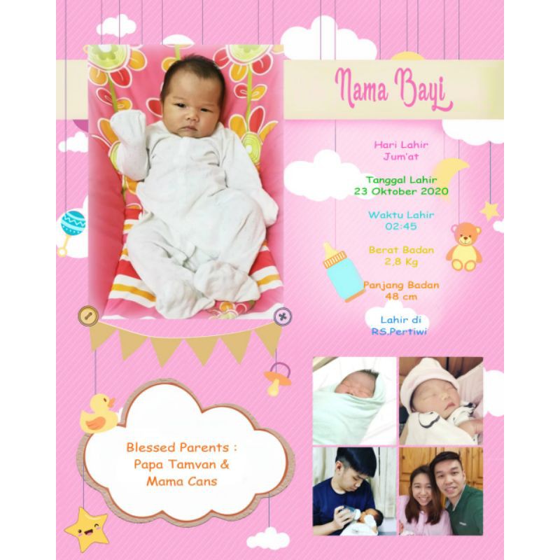 desain biodata bayi tema awan warna pink