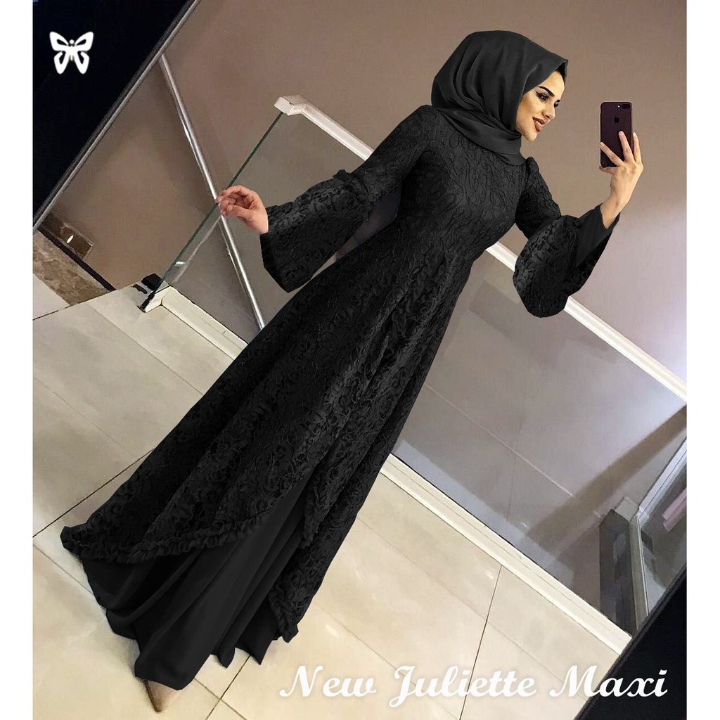 Maxi Gamis JULIETTE XL dan 3XL JUMBO Brukat + Hyget kombi lengan Sifon Berkualitas Terbaru-Hitam