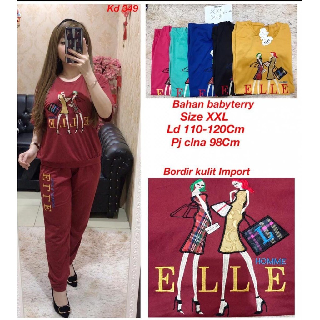 setelan panjang wanita bordir burberry tangan pendek bahan babyterry kualitas bagus