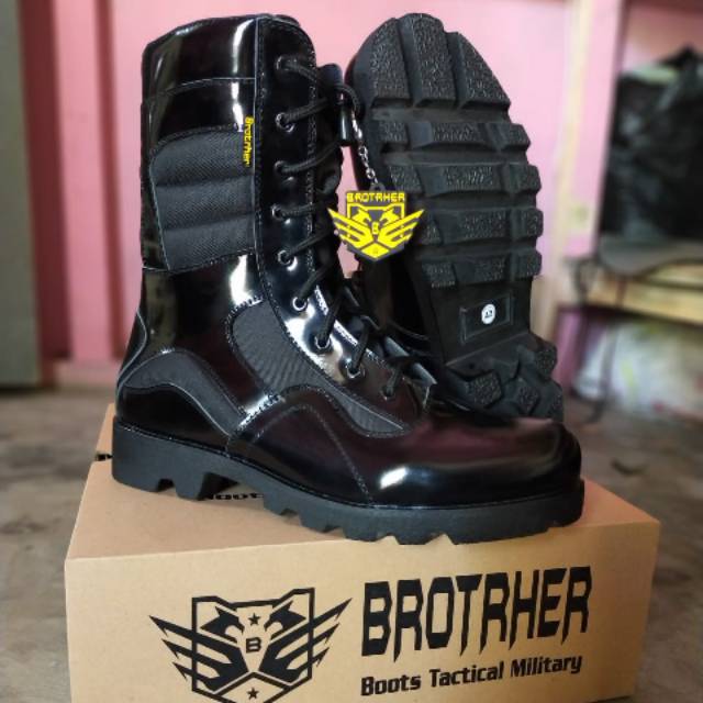 Sepatu Boots PDL Tni Polri Merk Brotrher Model LGR Kulit Kilap &amp; Kordura Anti Air Pakai Resleting