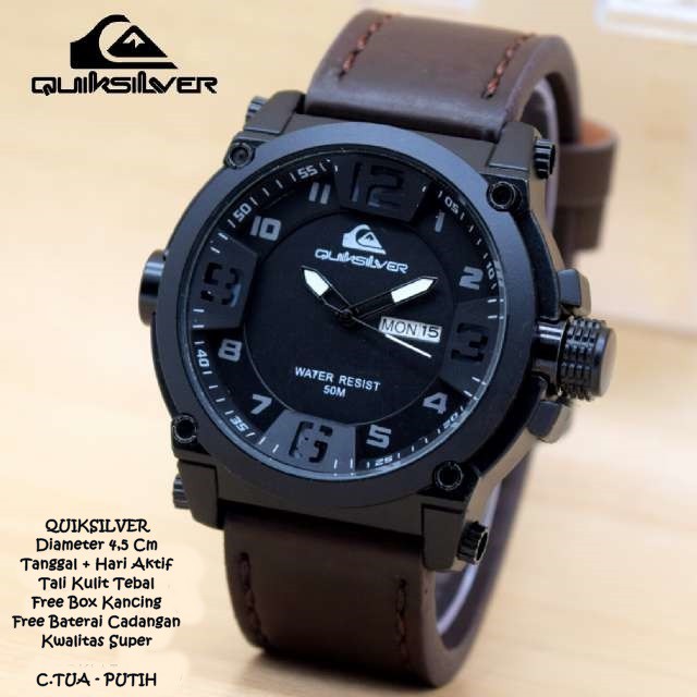(BISA COD) JAM TANGAN QUICKSILVER KULIT SUPER ANALOG QUARTZ TIME TANGGAL HARI AKTIF