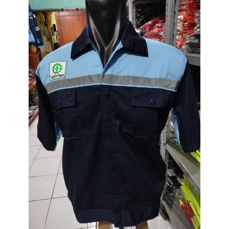 BAJU SAFETY RESLETING LENGAN PENDEK BIRU MUDA KOMBINASI DONGKER FREE LOGO K3 BENDERA KAIN PREMIUM