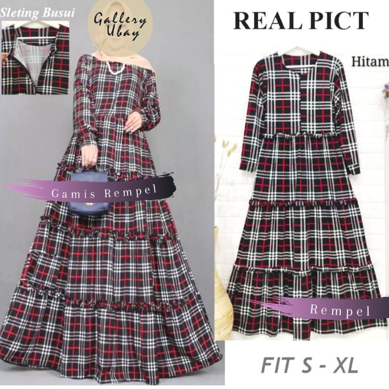 DRESS GAMIS MAXY KEKINIAN KLOK LEBAR RUFFLE KOTAK KOTAK JUMBO BIGSIZE MURAH