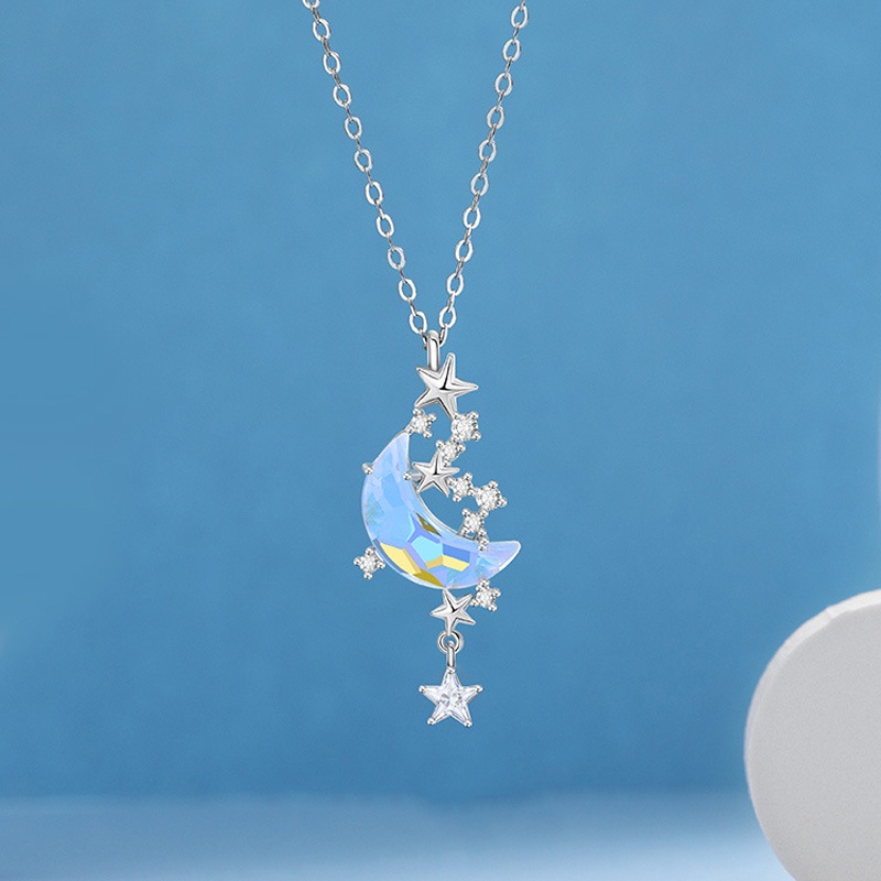 Kalung Rantai Liontin Bulan Bintang Aksen Kristal Warna-Warni Untuk Wanita