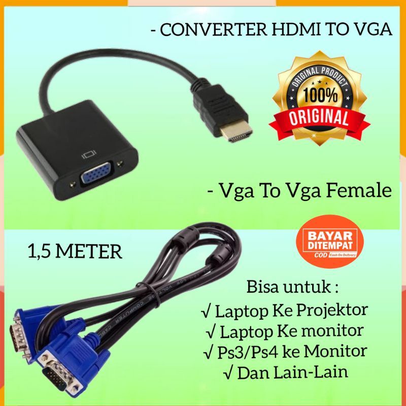 [COD] KABEL ADAPTER CONVERTER KONEKTOR HDMI TO VGA + KABEL VGA DIGITAL MALE TO MALE 3M / KABEL DARI 