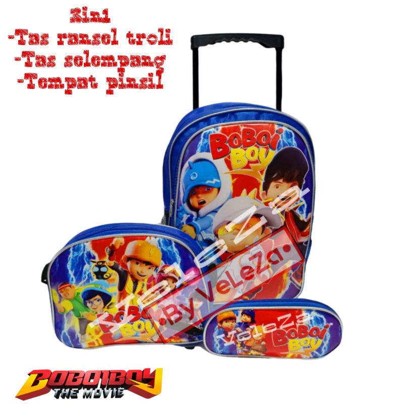 TAS RANSEL TROLI ANAK KARAKTER BOBOIBOY 3in1 - TAS + SELEMPANG + TEMPAT PINSIL - TAS TROLI