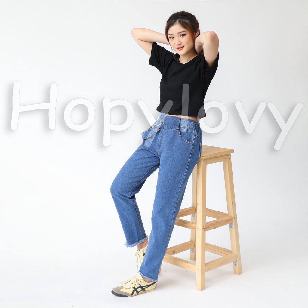 HOPYLOVY Celana Panjang Jeans Boyfriend Wanita Highwaist Jeans Rawis Barika Side Belt