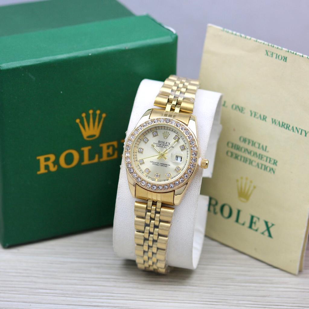 JAM TANGAN WANITA ROLEX RANTAI STAINLESS DIAMOND TANGGAL AKTIF TERBARU FREE BOX BUKU MANUAL &amp; BATERAI CADANGAN || JAM