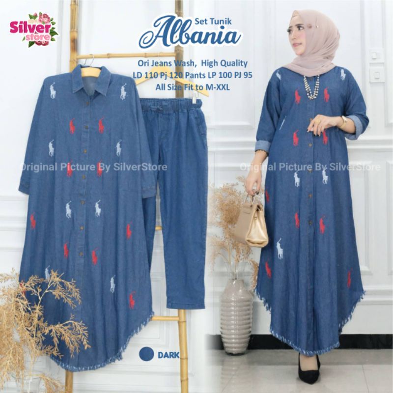 Albania Set Jeans Bahan Jeans Wash Ori Premium - Pakaian Wanita - Setelan Wanita - Fashion Muslim - 