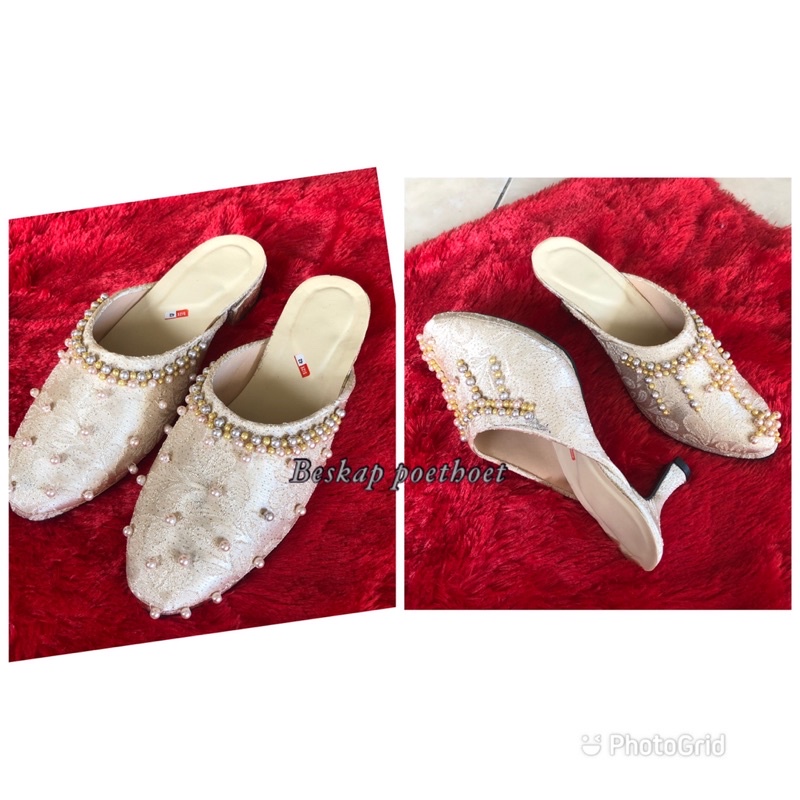 Slop Jawa pengantin pria wanita Jaguar payet putih tulang cream / wedding shoes selop pengantin akad