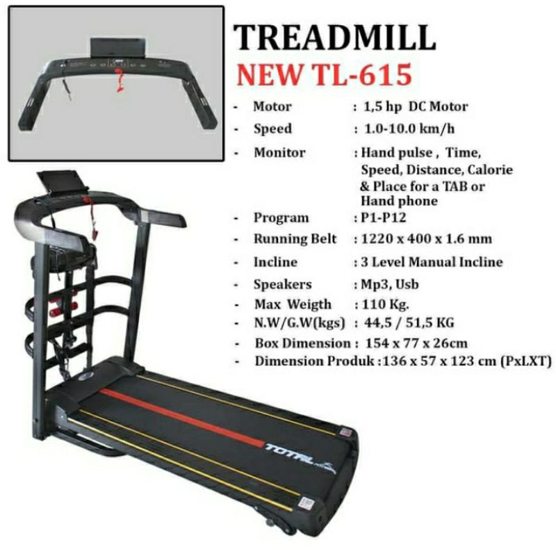 ALAT FITNESS TREADMIL ELEKTRIK TL 615/TREADMIL ELEKTRIK