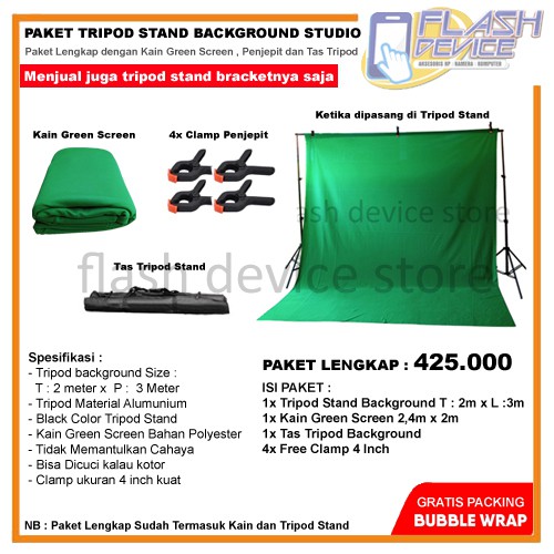 Paket Tripod Stand Background Kain Green Screen 2 Meter for Photo Studio