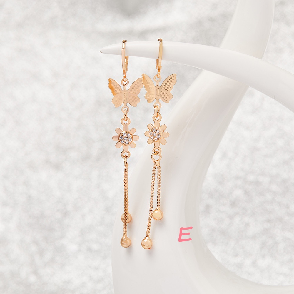 Y397 Anting Wanita Titanium Anti Karat Anting Hati Desain Berbentuk Zirkon Wanita Anting Panjang Lapis Emas Kupu Kupu