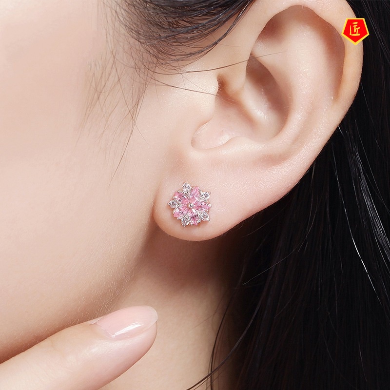 [Ready Stock]Pink Diamond Cherry Blossom Stud Earrings Elegant Sweet