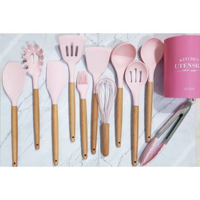 11 pc set spatula masak +gelas untensil kayu sutil sodet centong whisk tongs kuas pink