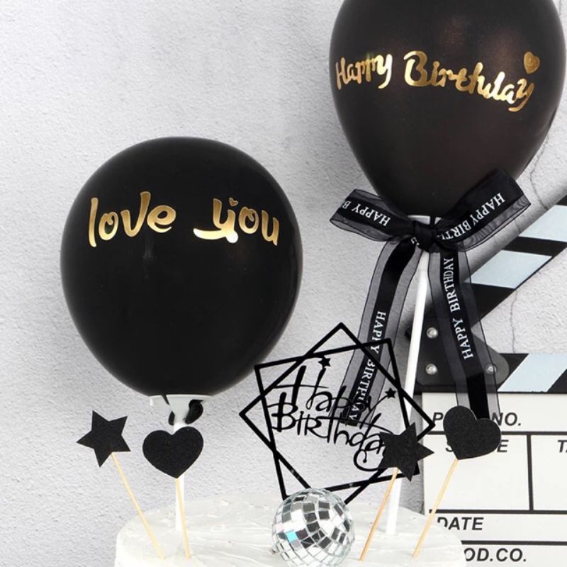 Jual Cake Topper Pop Balon Hitam Happy Birthday Love You Black Hiasan Kue Paperstraw Dekorasi