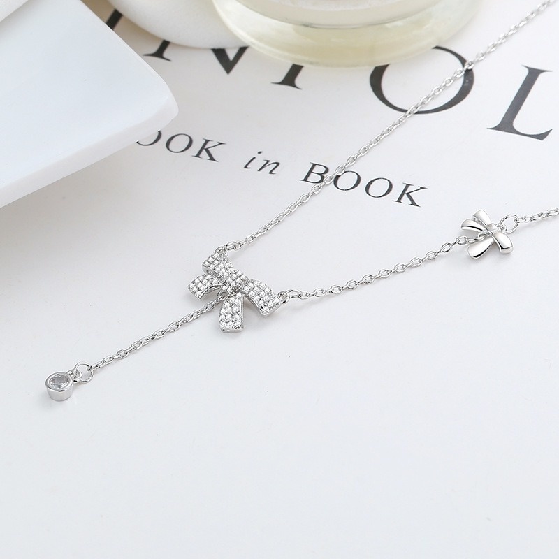 Kalung Rantai Sterling Silver 925 Dengan Liontin Pita Hias Berlian Imitasi Untuk Wanita