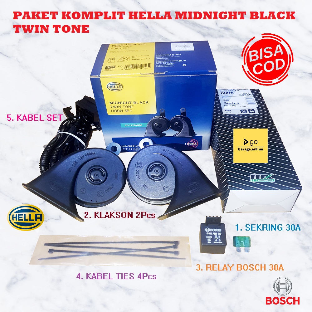 PAKET KOMPLIT Klakson Keong HELLA MIDNIGHT BLACK TWIN TONE Original + KABEL RELAY SET BOSCH TERMURAH