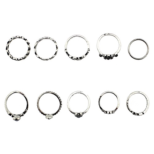 Hu Hu Hu Hu Hu Alat Bantu Pasang Kacamata♡ 10pcs / Set Cincin Buku Jari Aneka Bentuk Gaya Punk Vintage Warna Silver Untuk Wanita