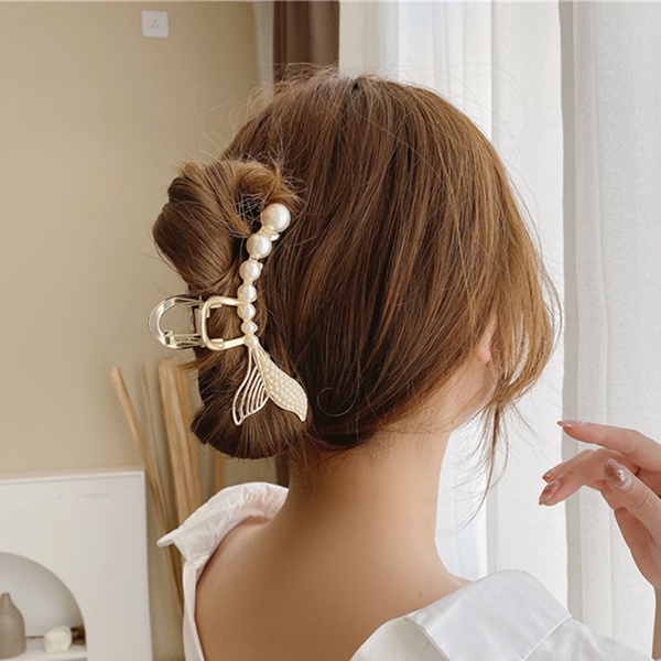 Women Korean INS Style Pearl Fish Bone Fishtail Metal Hair Clips