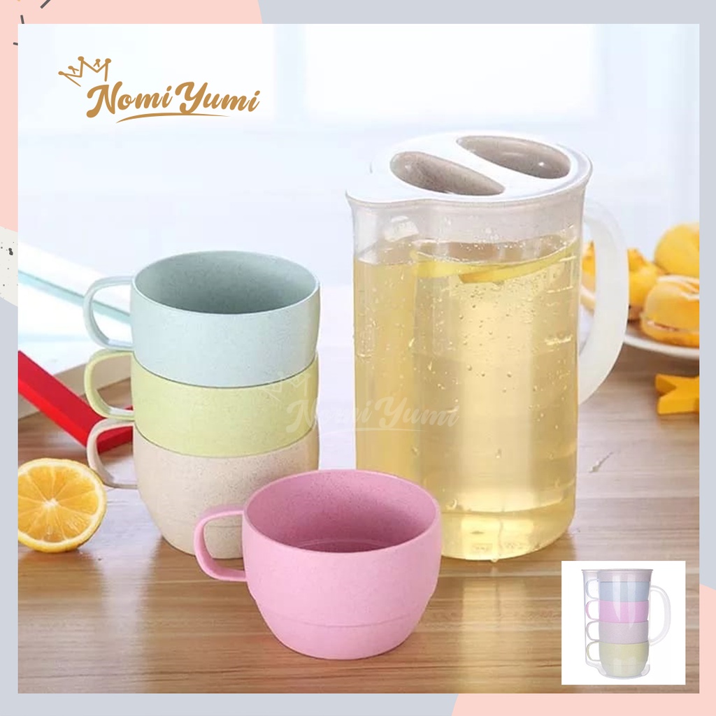NomiYumi - 1 Set Teko Plastik Gratis 4 Cangkir Gelas Warna Warni Wadah Teh Jus Sirup Lebaran Murah