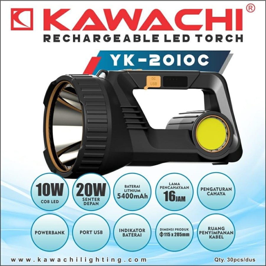 Kawachi Senter LED Super Terang 2in1 YK-2010C + Light SMD 10 LED LAMPU PUTIH 1500 Meter Rechargeable Tahan Hingga 16JAM