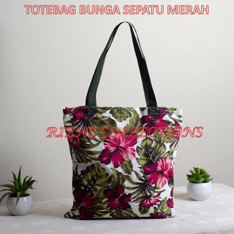 TOTEBAG KANVAS MOTIF BUNGA SEPATU MERAH Riens Collections. Tas Kanvas Tas Jogja Tas Souvenir Jogja