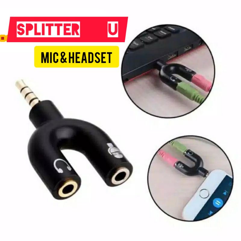 Splitter U | Sambungan Mic dan Headset atau Earphone | Pemisah/Gabungkan Mic dan Hedset | Tetta Shop