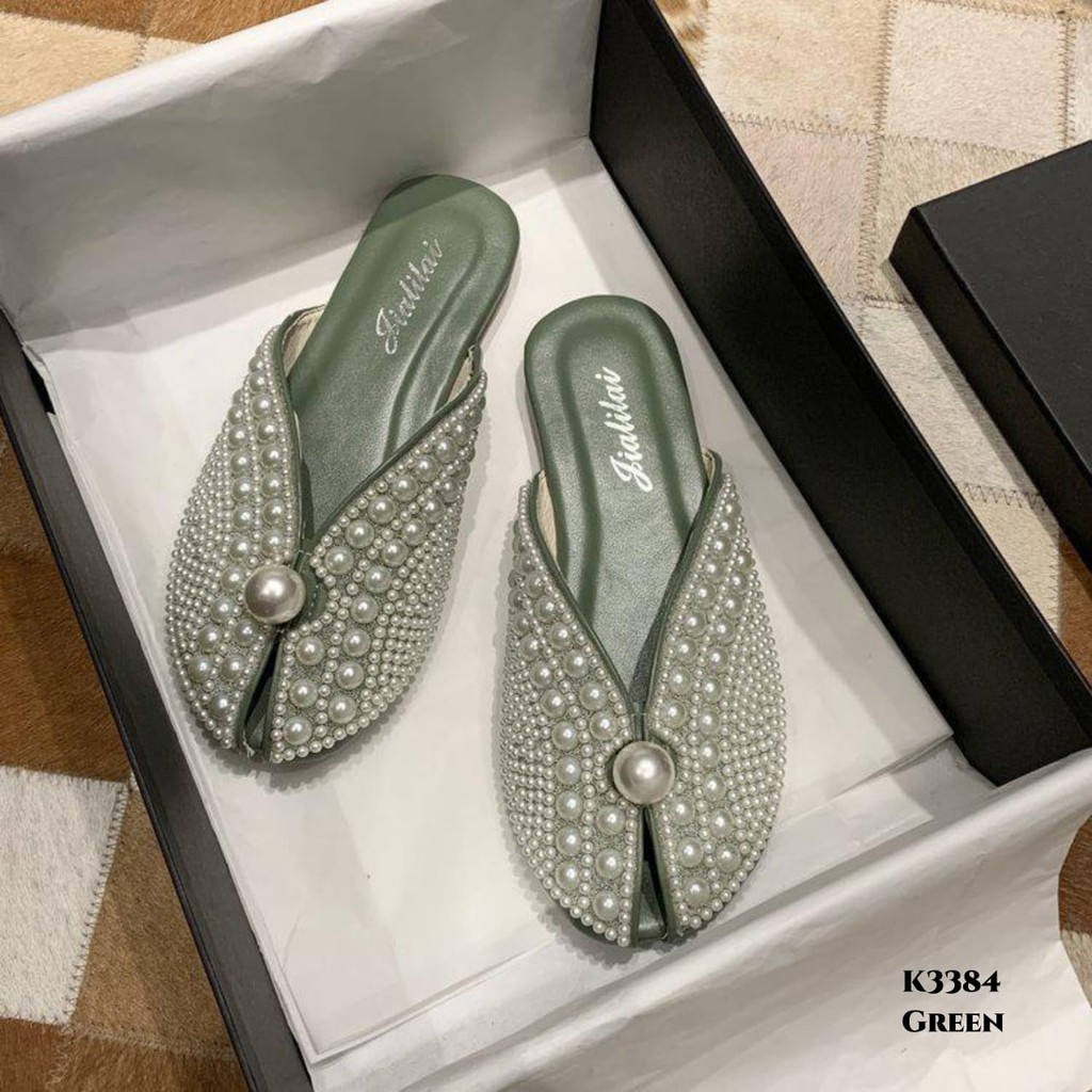 RESTOCK WYN  FLAT SLIPPERS FADDISH FULL PEARL DECOR K3384