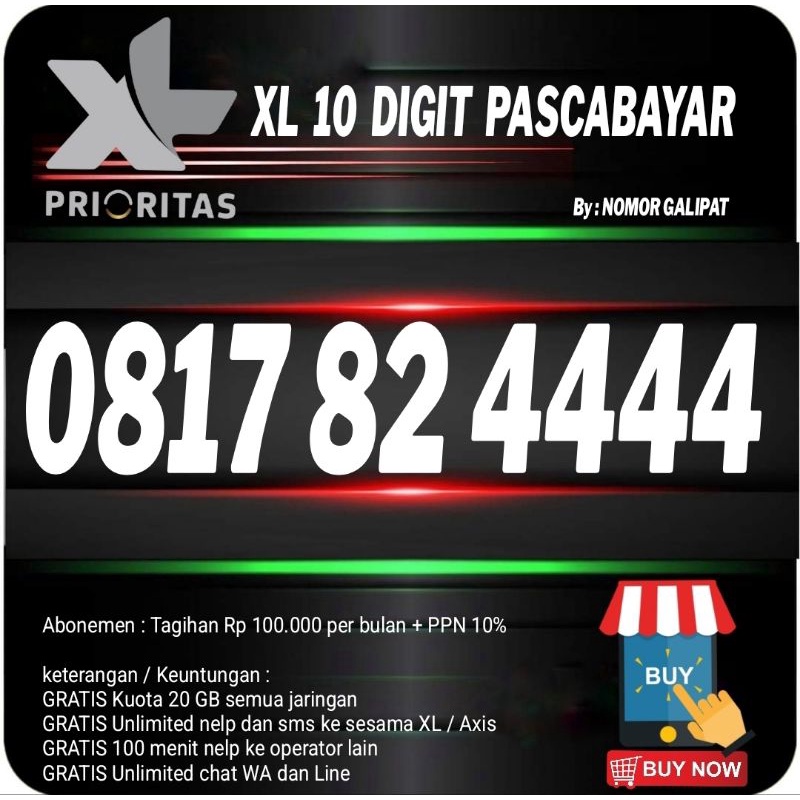 NOMOR CANTIK XL-AXIATA 10 DIGIT PRIORITAS PASCABAYAR KWARTET EKOR 0817 82 4444