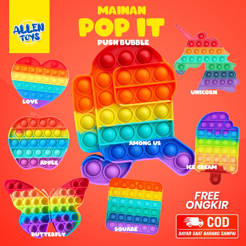 Mainan Pop It Murah Rainbow  Among Us Unicorn Kotak Square Love Ice Cream Rainbow Fidget Toys Tiktok