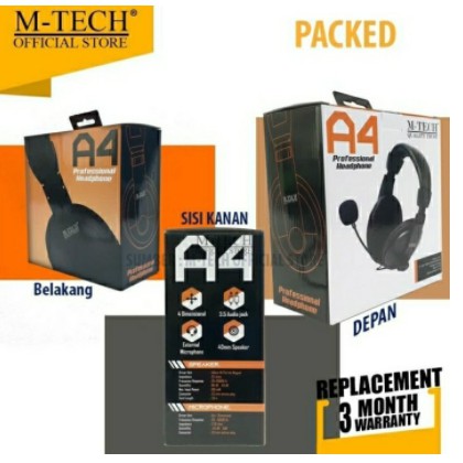 Headset m-tech wired 3.5mm audio-mic stereo A4 for office-gaming - Headphone Pc-laptop