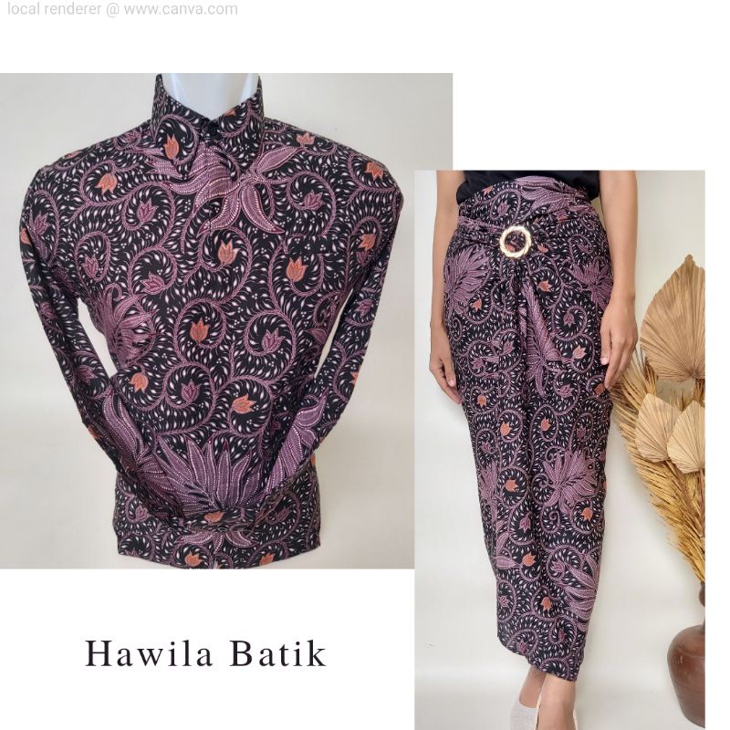 Couple Rok Lilit dan Kemeja Batik Pria Katun Primisima 40S Warna Lilac