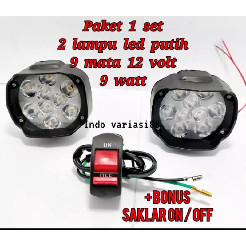 paket sepasang lampu 9 mata dan saklar on of stang lampu sorot universal motor dan mobil