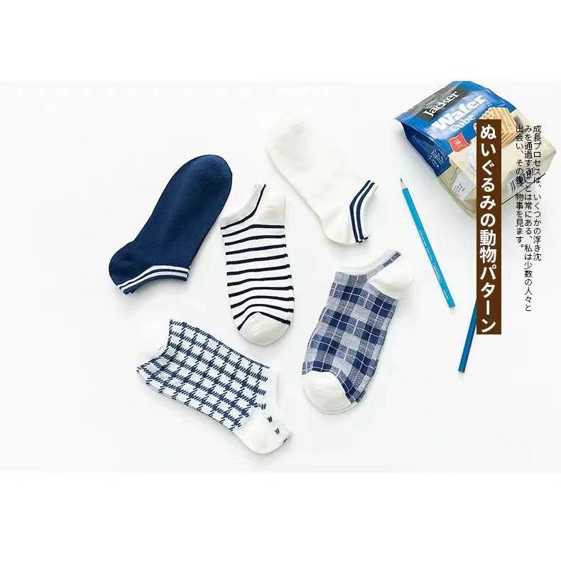 ❀ Chingu ❀ KK026 Kaos Kaki (Tanpa Kemasan) Wanita Tipis Pendek Semata Kaki Motif Kotak Biru Navy Fashion Korea Women Sock Import Murah