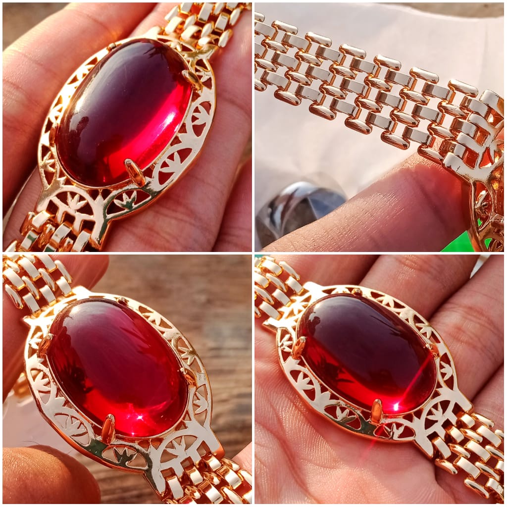 Gelang Batu Akik Merah Siam Big Size Rantai Gold High quality