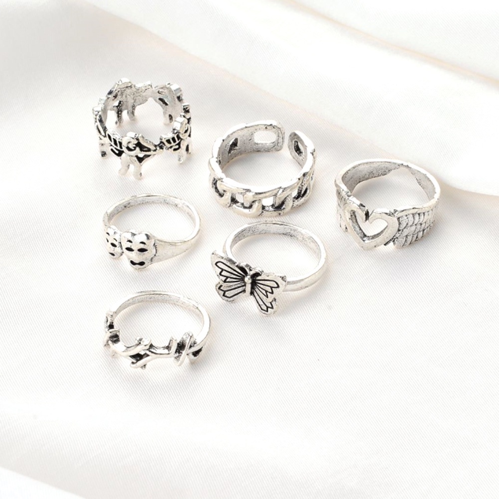 YEEZII 5pcs / Set Cincin Model Terbuka Adjustable Desain Hati Butterfly Hollow Out Warna Silver Gaya Retro Untuk Wanita