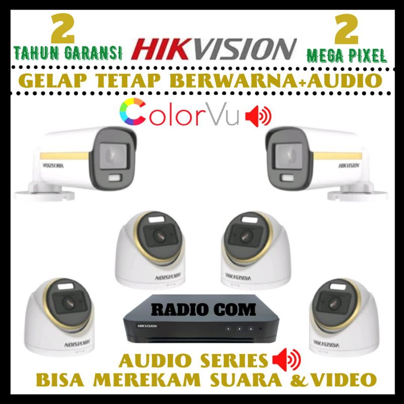 PAKET CCTV HIKVISION COLORVU 2MP 8 CHANNEL 6 KAMERA FUL COLOR SIANG MALAM BERWARNA+AUDIO