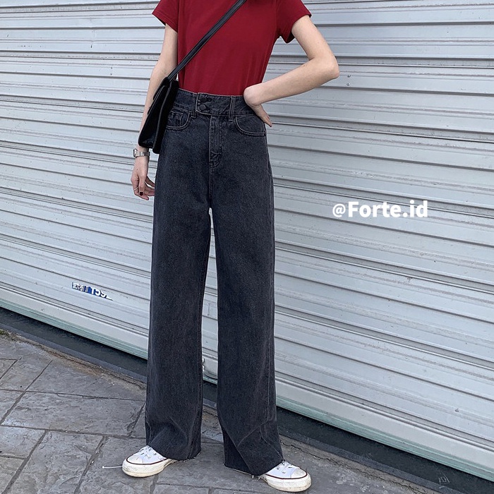 Celana jeans wanita high waist celana panjang retro fashion Korea style loose jins