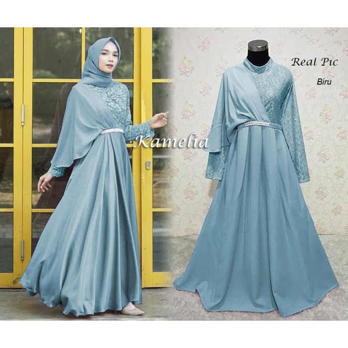 NEW MT 124154 GAMIS PESTA SLENDANG KAMELIA BIRU
