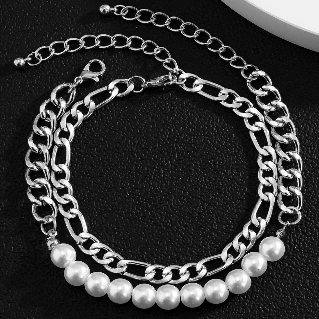 2pcs / Set Gelang Rantai Mutiara Imitasi Warna Silver Untuk Pria