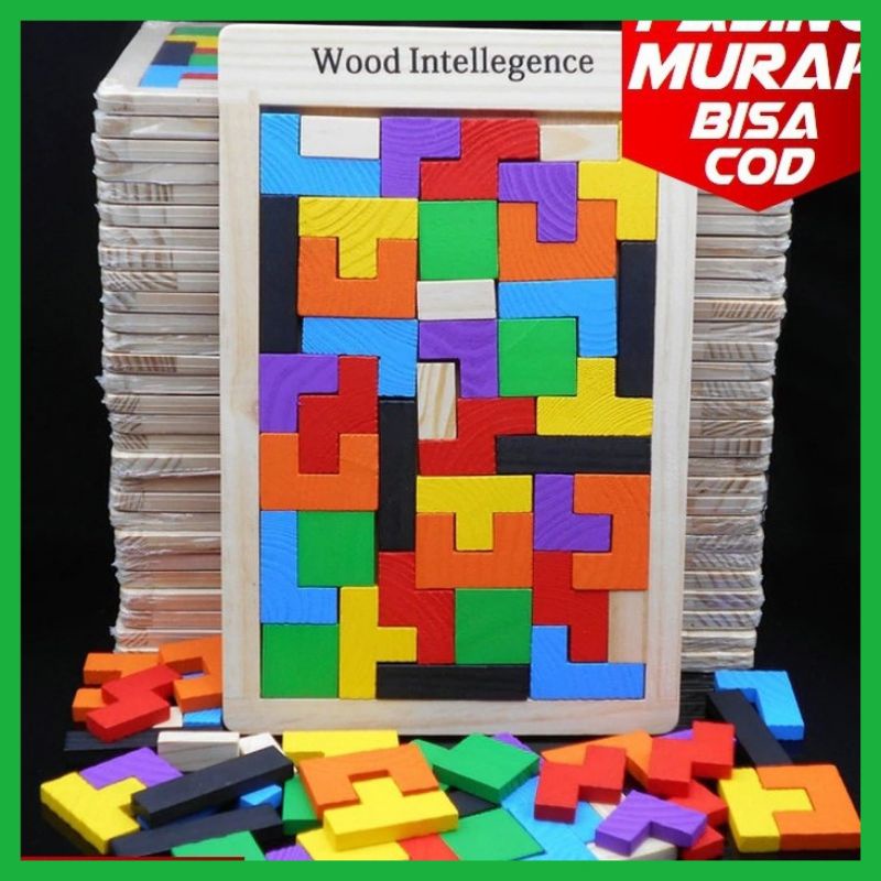 (MAINANKYU) Mainan Puzzle Tangram Tetris - Multi-Color balok kayu
