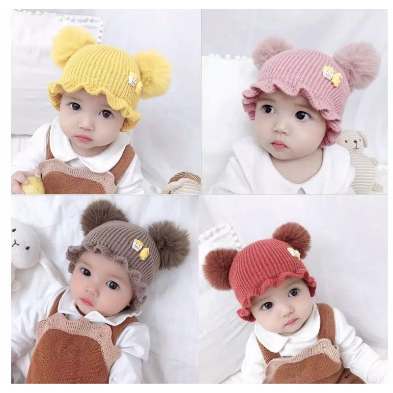 Topi rajut anak / bayi  motif pompom gelombang