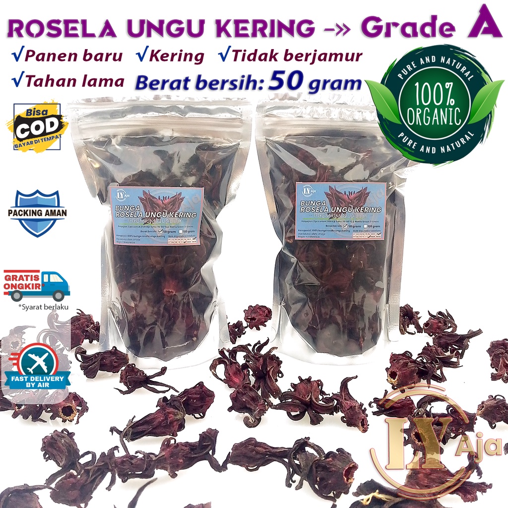 Teh Bunga Rosela UNGU Kering 50 Gram Rosella Roselle Grade A Premium LY Aja 50 Gr Herbal Pelangsing Diet