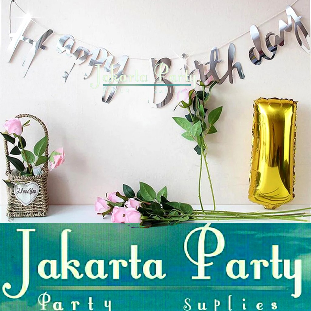 Banner Flag Latin / Bunting Flag Happy Birthday Tulisan Sambung Silver