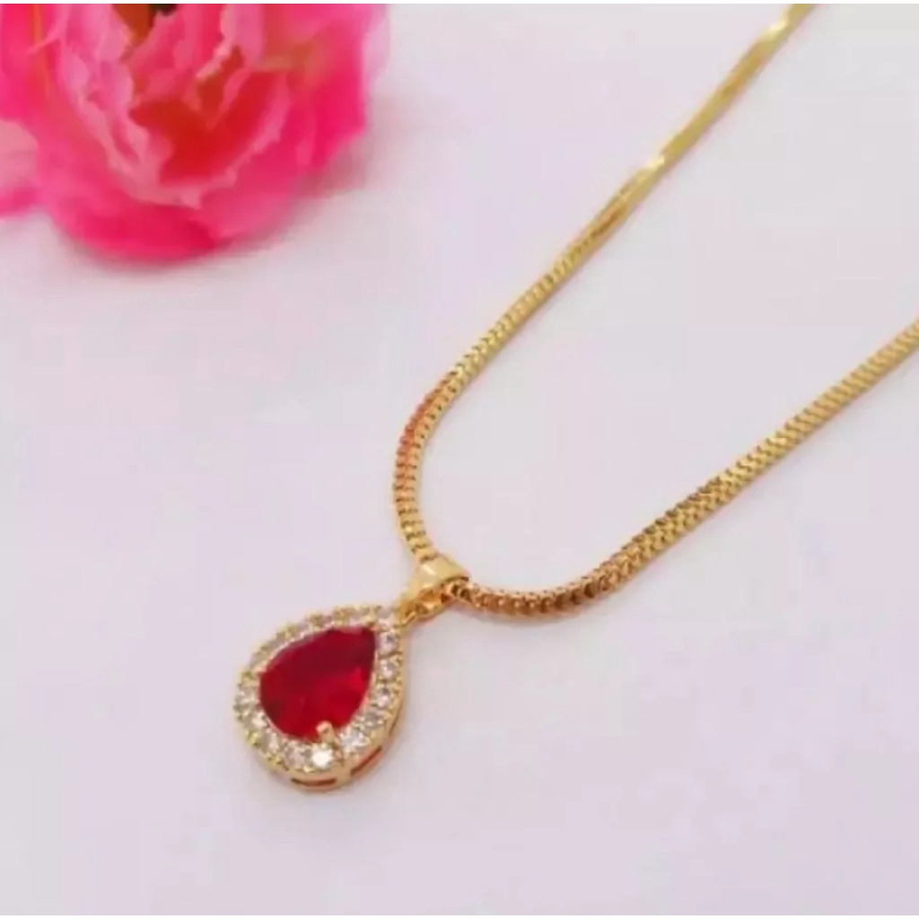 KALUNG TITANIUM ROSE GOLD MILANO LIONTIN PERMATA MERAH TETES AIR