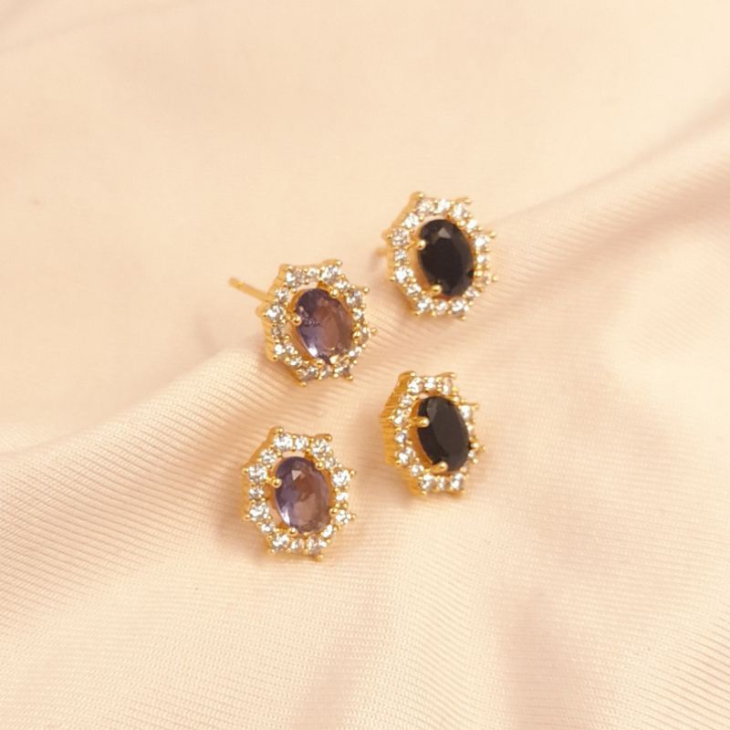 Anting stud black stone and purple lapis rhodium wanita